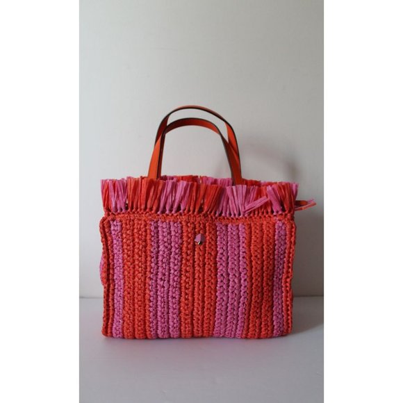 Kate Spade Sam Stripe Straw Medium Satchel in Juicy Orange - Picture 4 of 12